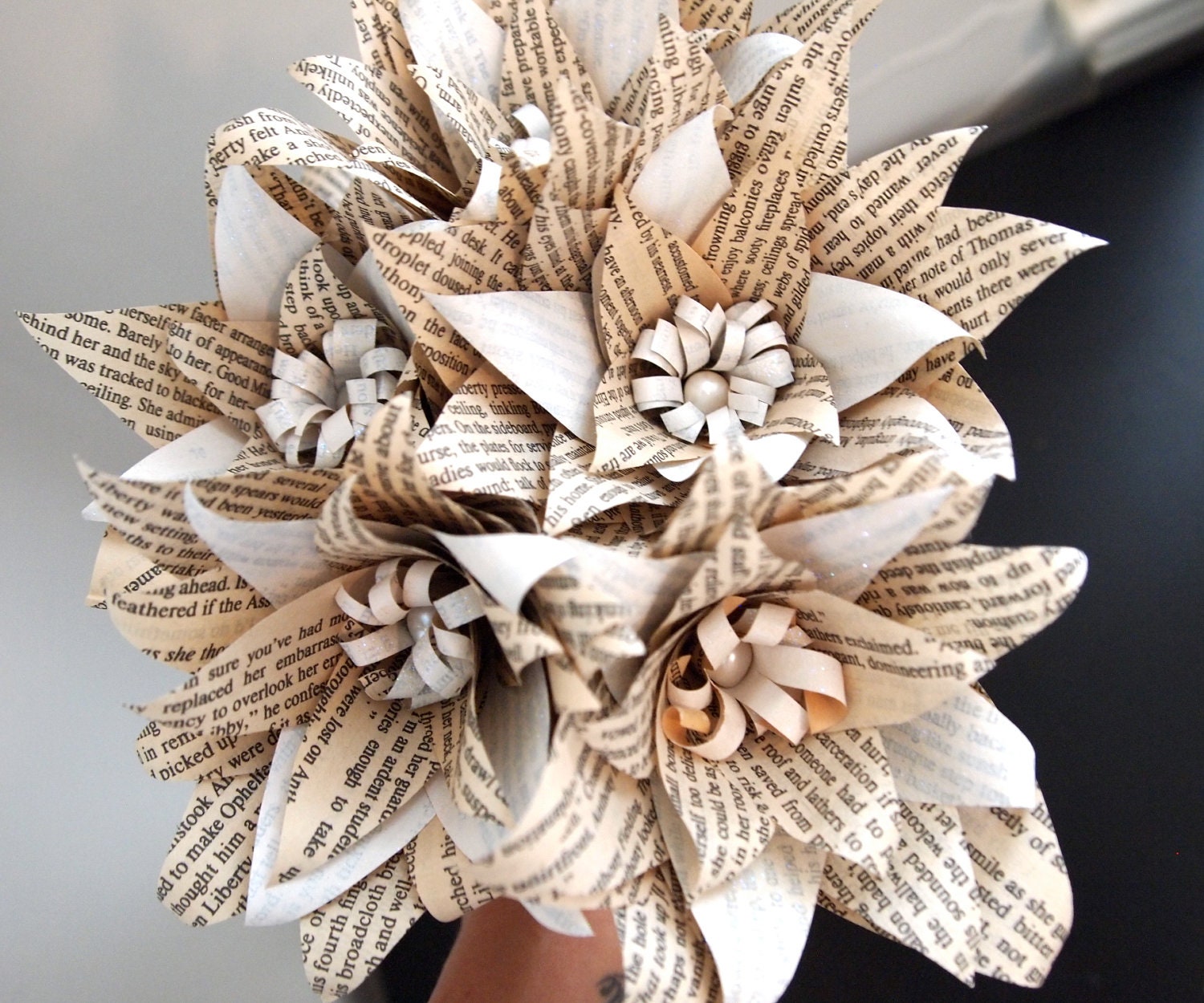 Shimmering white paper flower book bouquet, real fresh water pearl centers