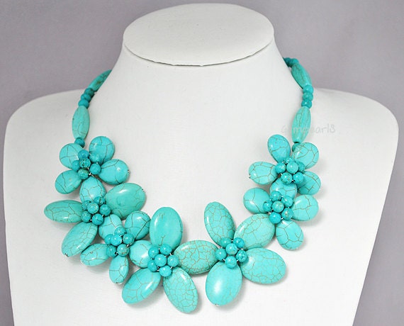 Chunky Turquoise Necklace,Flower Turquoise Necklace,Statement Necklace - 19.3 Inches Bluish Green Turquoise Necklace(FN0498)