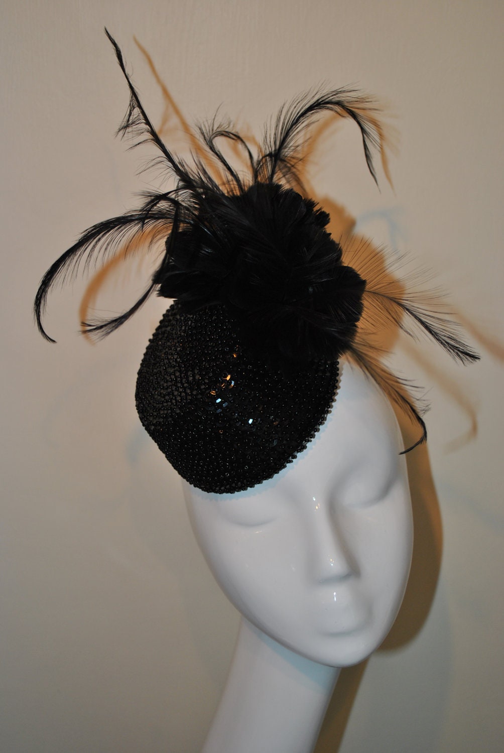 Black Bead Sequin Feather Cocktail Hat Headpiece Facinator