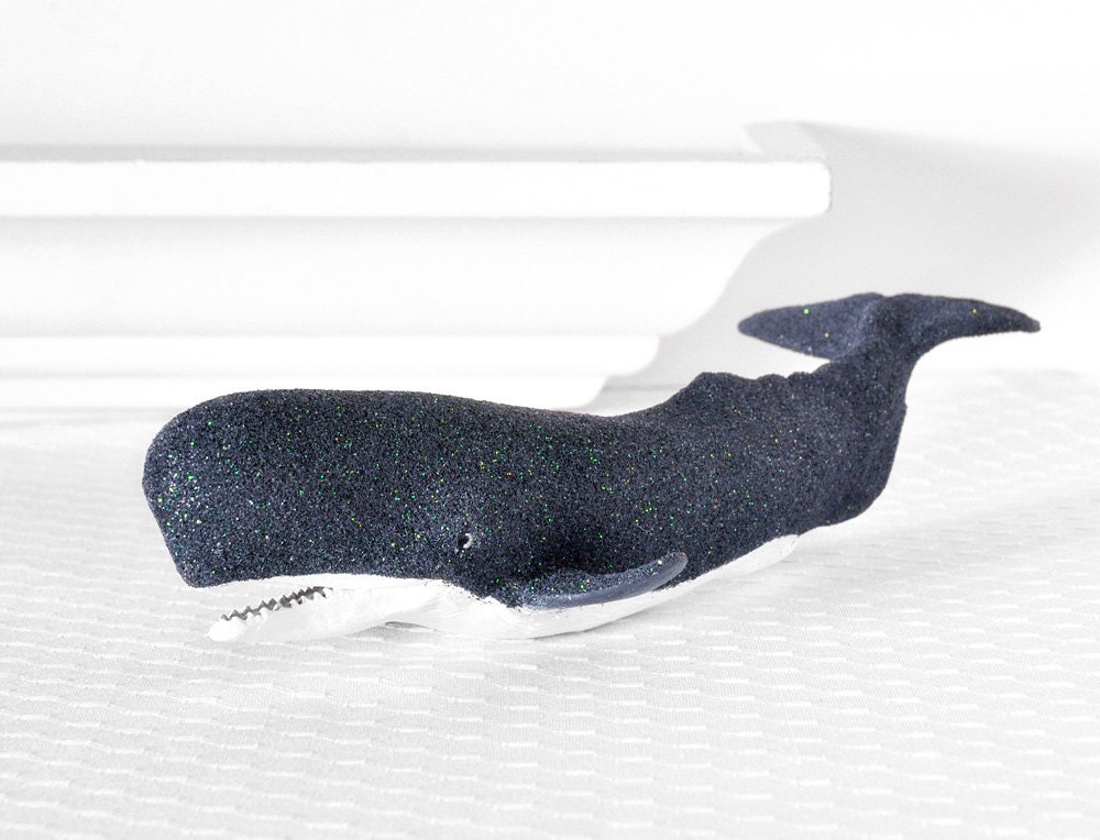 Whale Centerpiece Nautical Decor Glittered Navy Blue Repurposed for Summer Beach Weddings, Bridal Shower Table Settings, Shelf Decoration