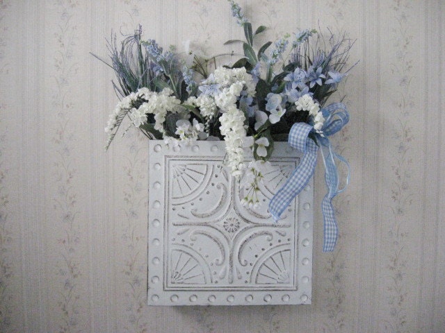 Ceiling Tile Wall Pocket Home Decor Blue and White Floral Arrangement