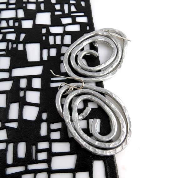 Metal  Oval  Stylish Earrings. Sterling silver ear wire. Dangle . Big. Aluminum. Free form. Lightweighted. Fashion Brand Faina.
