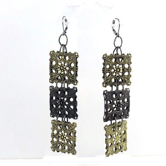 Metal filigree long earrings.  Light Weighted.  By Fashion Brand Faina.