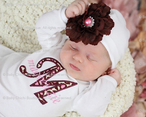 Baby Girl Gown or Onesie and Rhinestone Flower Beanie Hat - Newborn thru 12 months - Custom Monogrammed