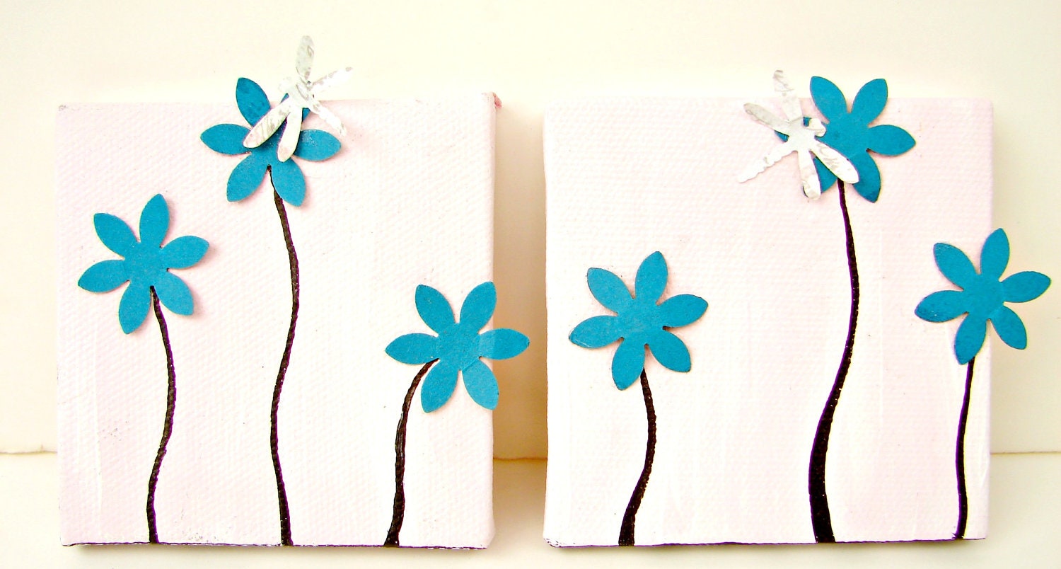 Turquoise use Die-Cut Flowers and Dragonfly on Canvas-Mixed Media Art-Wedding Anniversary Gift, Birthday for Her, Home Decor