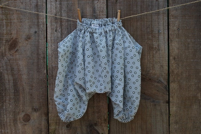 Baby and Toddler Girl Harem Pants in Silver grey and Blue with White Dots Cotton/Silk - Size 3-6m and 9-12m