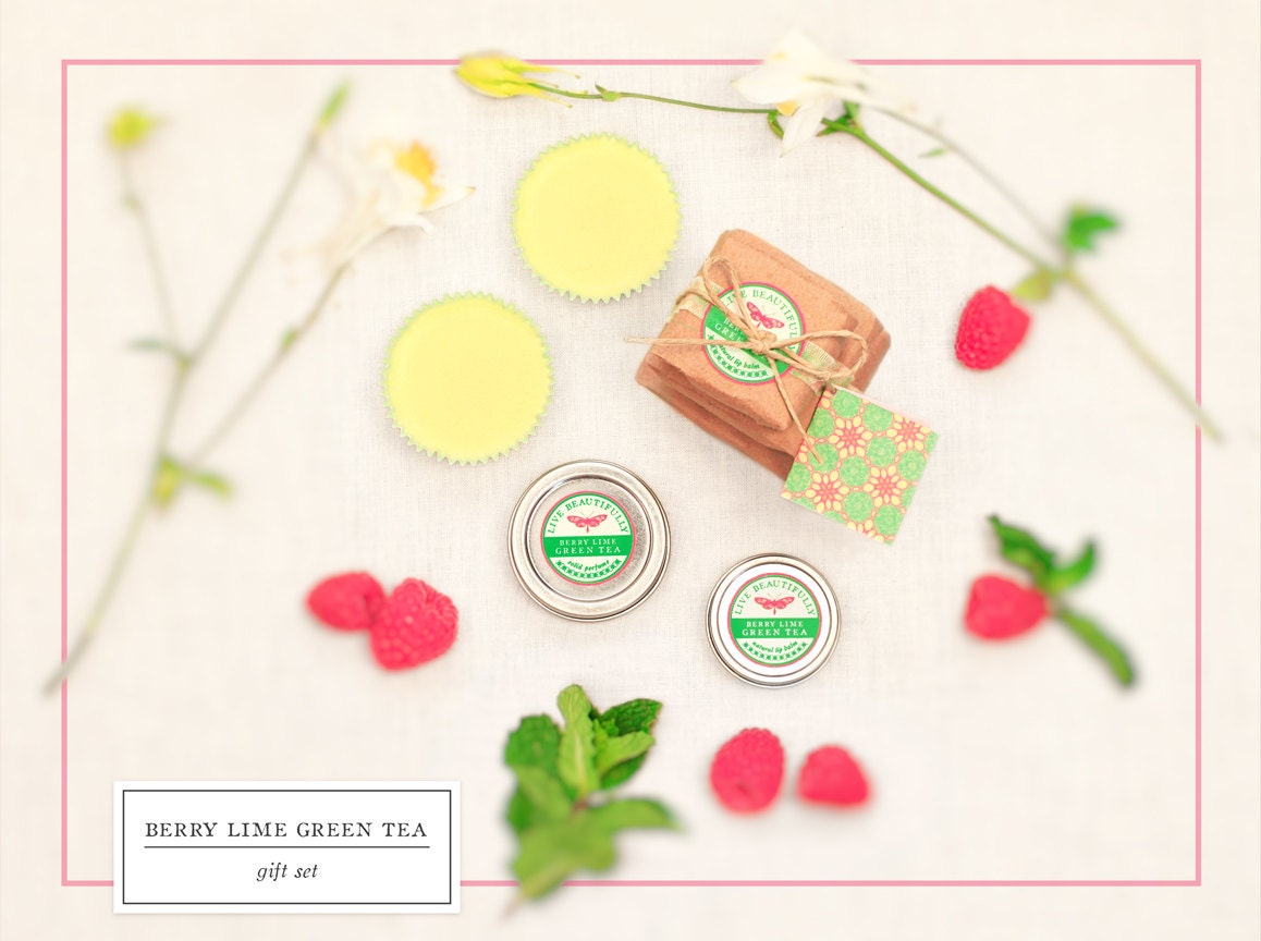 Lip Balm, Perfume, and Lotion Bars - Gift Set, Berry Lime Green Tea -Sparkling Green Tea, Raspberry, Tart Lime - All Natural