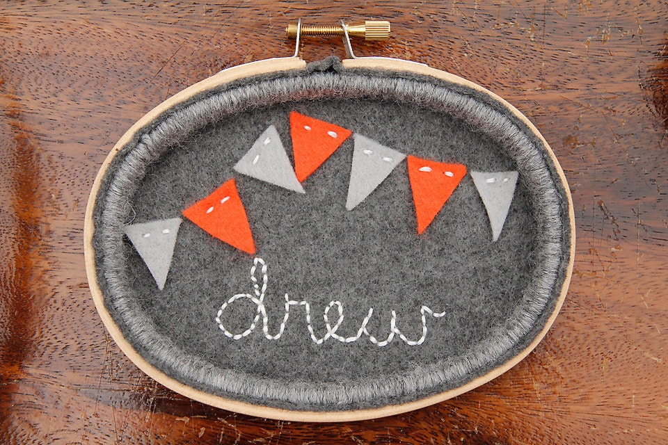 Personalized Oval Embroidery Hoop Art, Yarn-wrapped. Mini Orange and Grey Bunting Boy Nursery Decor by Catshy Crafts