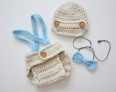 Crochet Newborn Baby Boy Photo Prop Set Cream Diaper Cover Newsboy Hat Light Blue Suspenders Bowtie