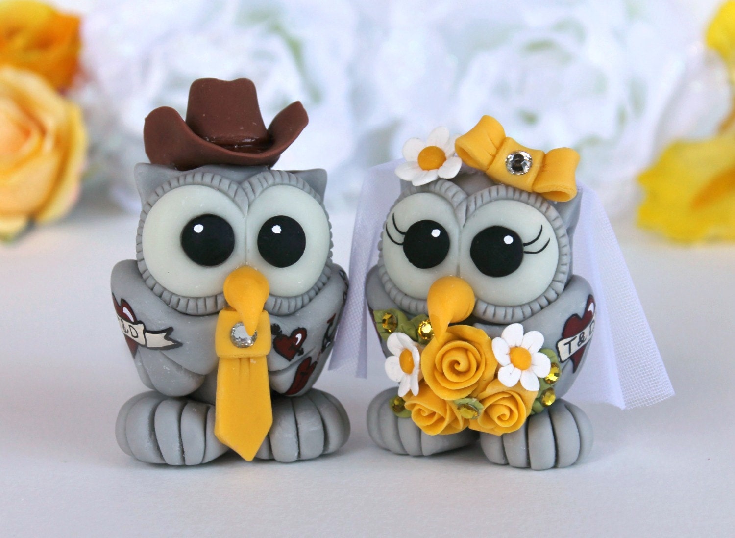 Tattoo wedding cake topper,  owl love bird cake topper, tattoo wedding, custom owls bride and groom with banner