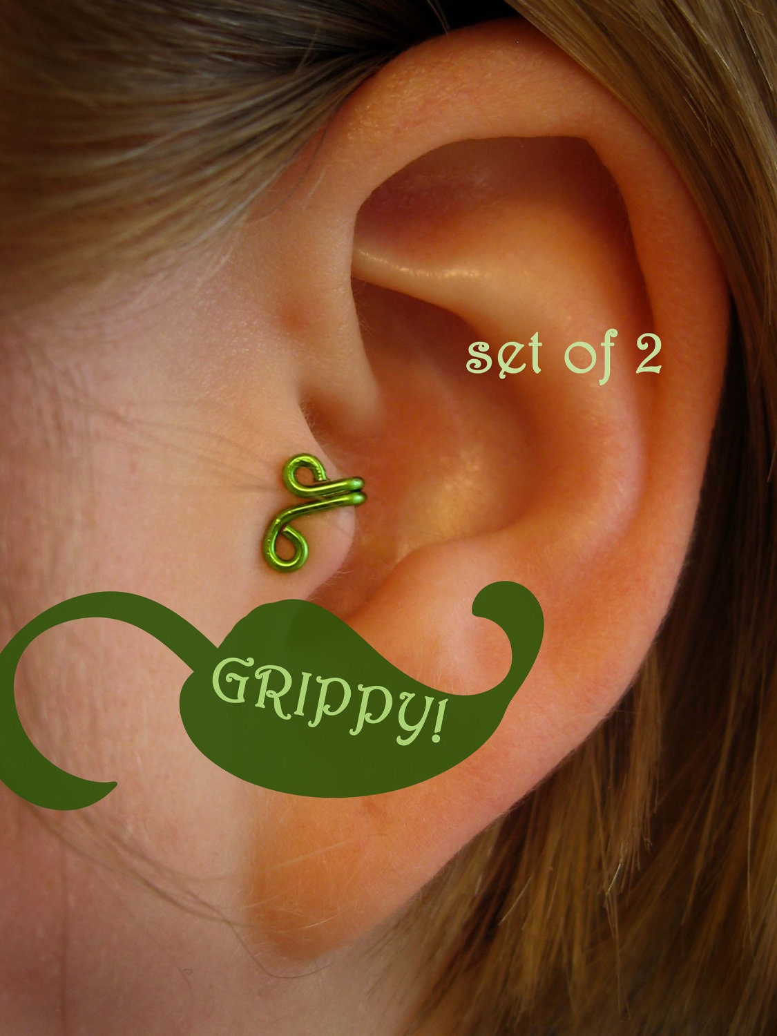 The Mirkwood Collection Set of 2 Mirkwood Tragus Cuffs GRIPPY Elvish Elf ear cuff green vine leaf wire loop swirl curly earring alternative
