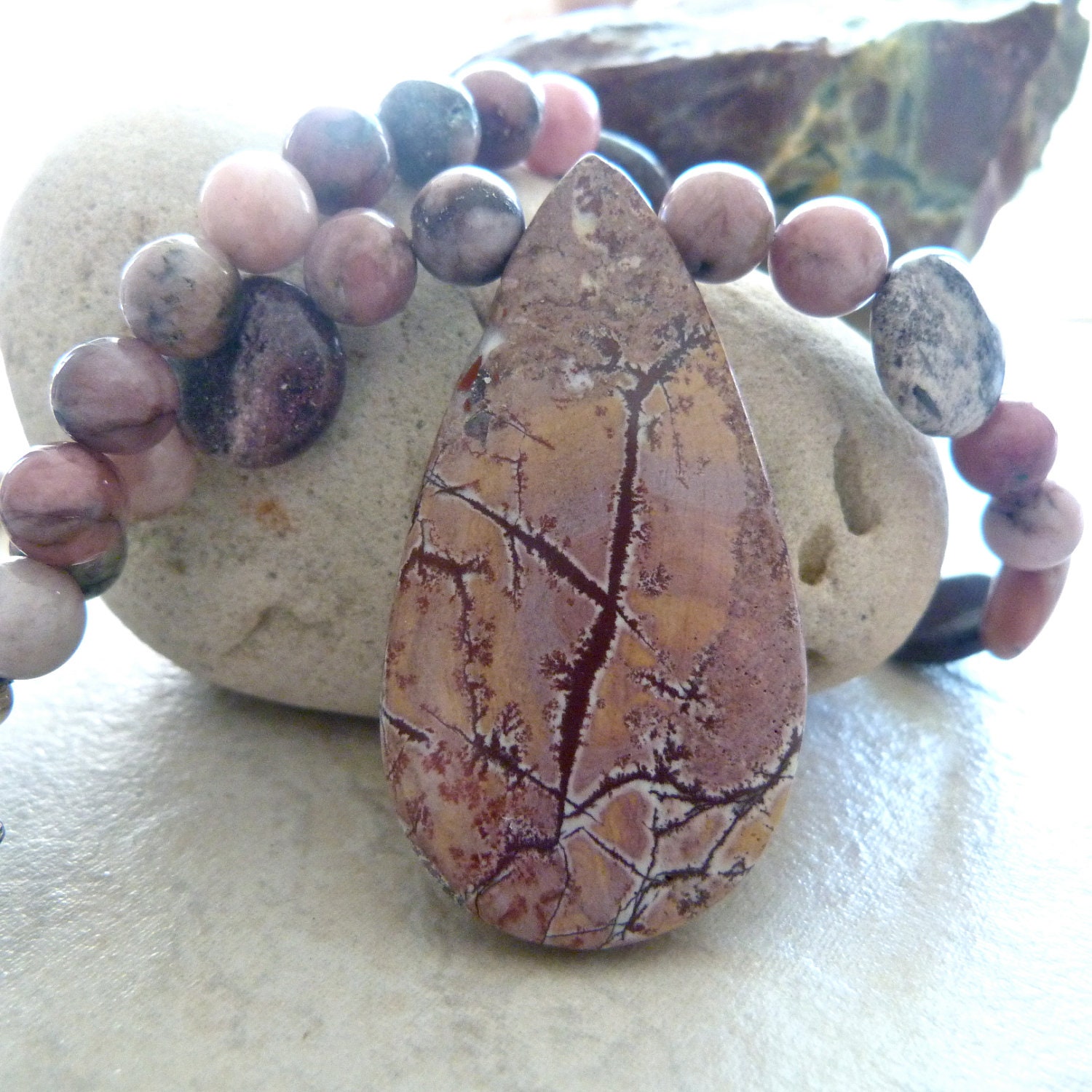 Sonoran Dendritic Rhyolite Pendant, Porcelain Jasper and Strawberry Agate Earthy Artisan Necklace