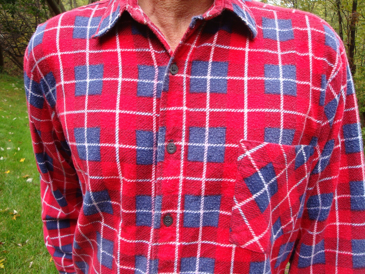 All American Vintage Plaid FLANNEL Red White n Blue 90s Grunge Revival Button Down Shirt Lumberjack Chic. Size M