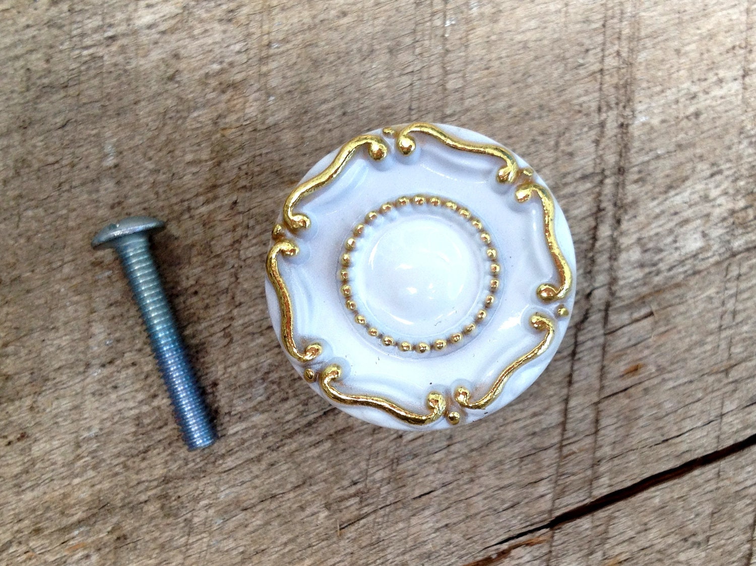 Vintage Cabinet Knob / Brass and White Enamel with French Flourish and Bead Design  / 1 1/4" Diameter