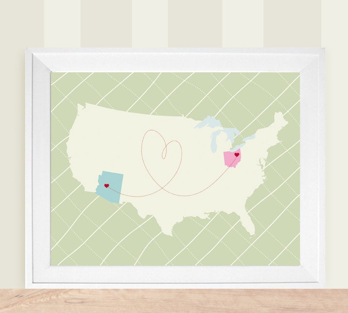 USA Map   Love Map Themed Customized Art Print -  8x10