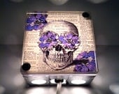 Steampunk Anatomy Skull With Purple Flowers Lamp Repurposed Vintage Dictionary Print Design Night Light Box