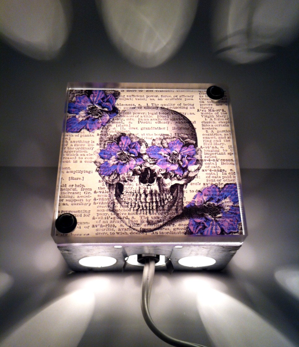 Steampunk Anatomy Skull With Purple Flowers Lamp Repurposed Vintage Dictionary Print Design Night Light Box