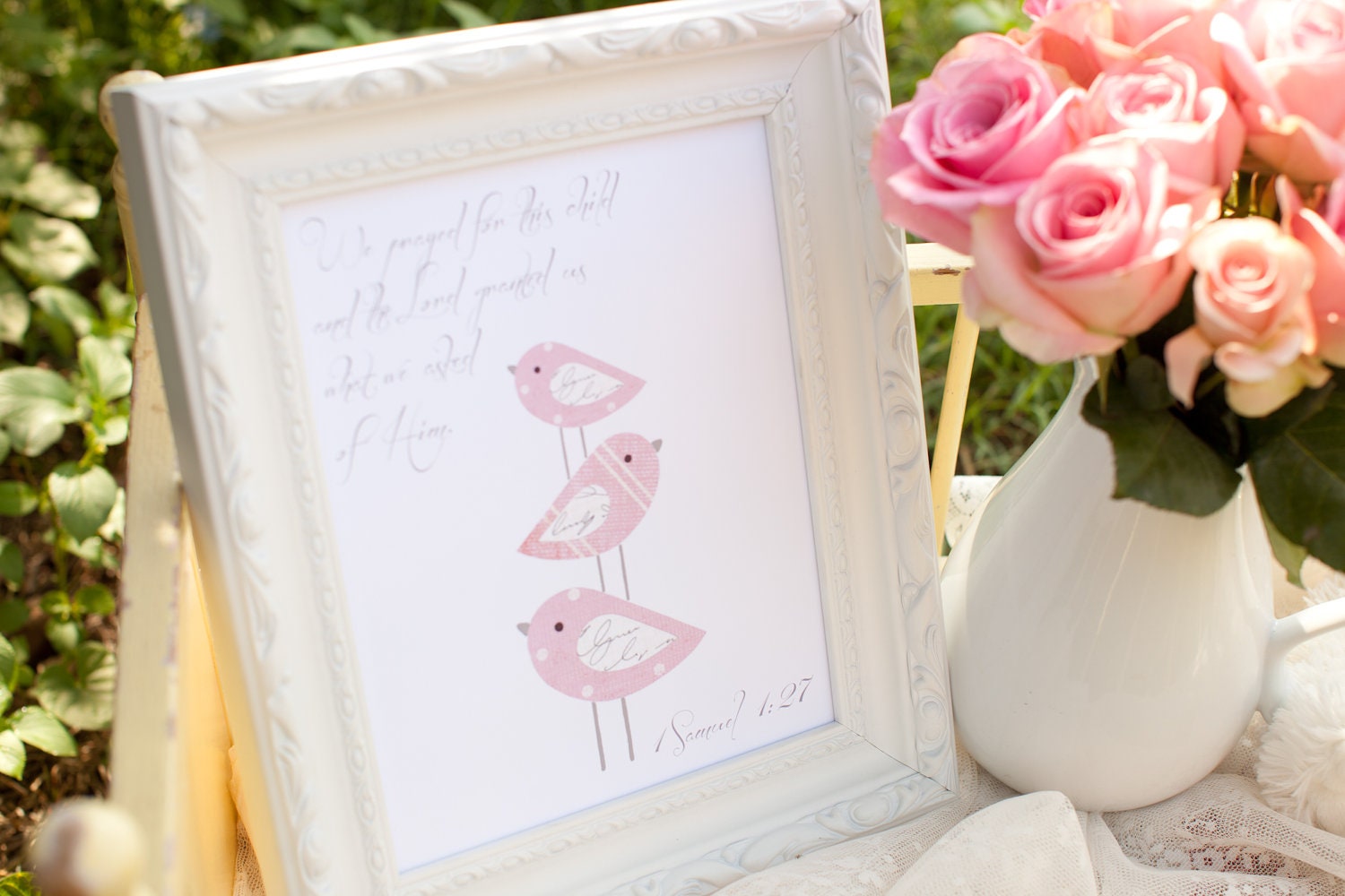 Baptism gift, We prayed for this child, Children Spring, Christian art, Gray Pink Bird Nursery, Scripture verse, Bird Wall Art Print