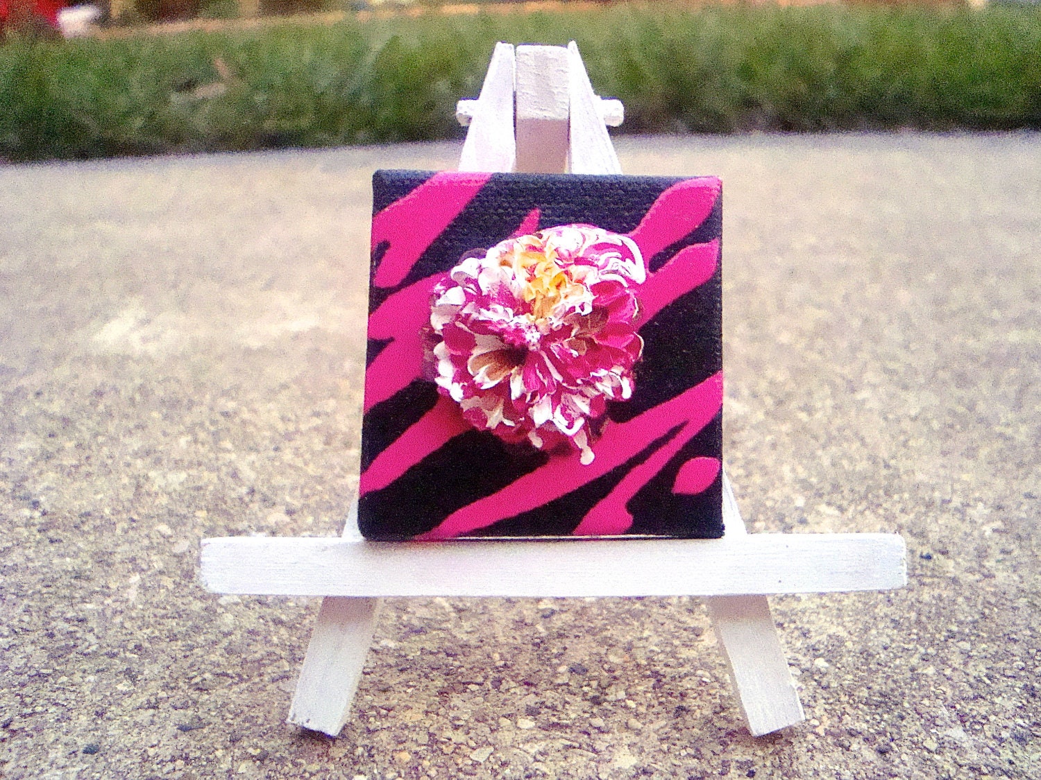 mini art Mini Canvas Mini Easel Original Painting Mixed Media Hot Pink Flower