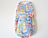 Baby swaddler, swaddle blanket/wrap, blue circus animal--ready to ship