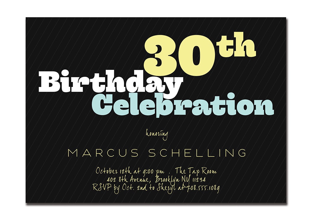 Birthday Party Invitation 21st 30th 40th 50th 60th Modern Typography Poster Invitation Black Pinstripe DIY Digital or Printed - Marcus Style