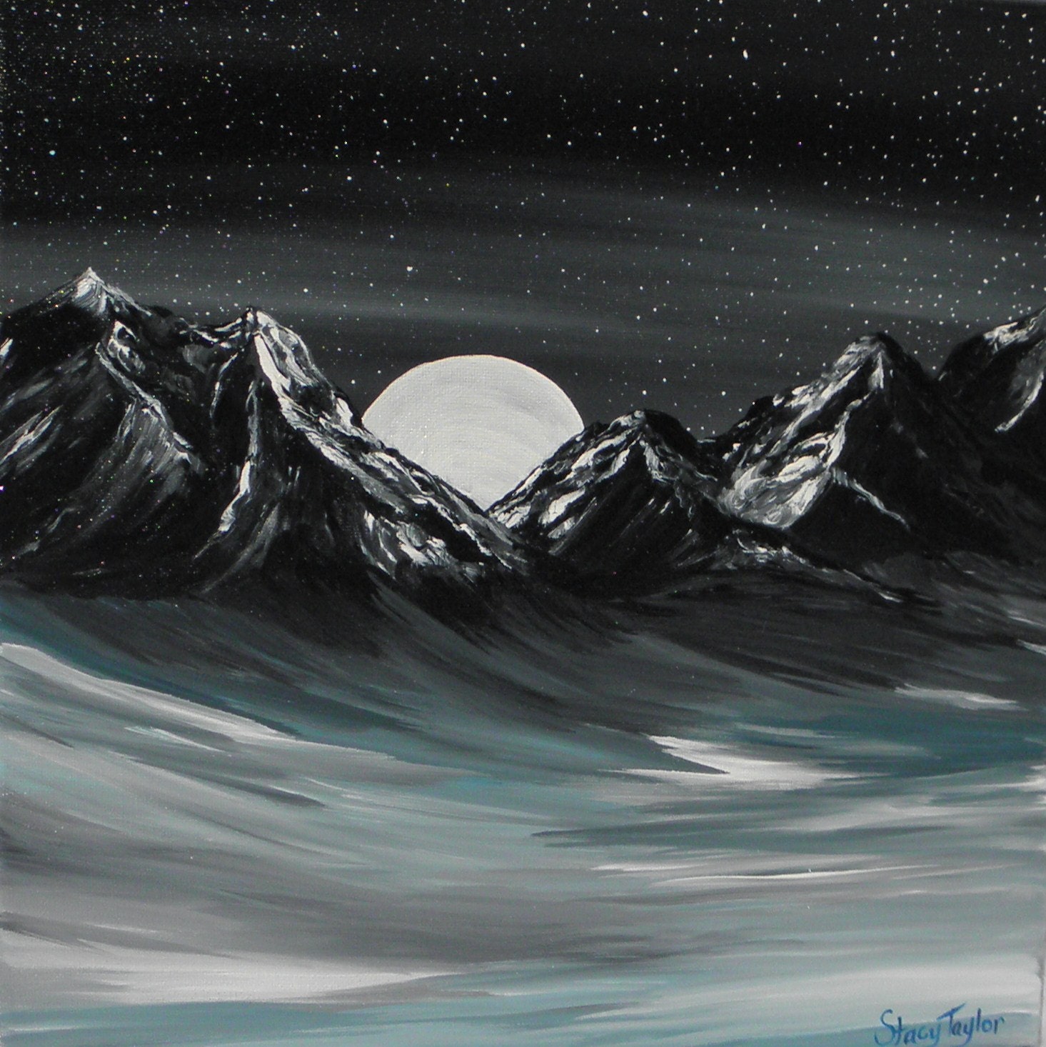 Original Painting, Moon rising over mountains, surreal art, fine art