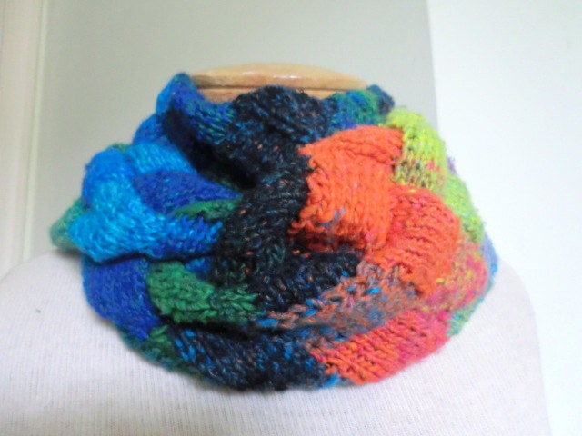 Entrelac Long Scarf in Yellow, Blue, Black, Green and Orange