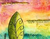 Acrylic Original Art Print 5"X7" Turquoise yellow gold purple Green