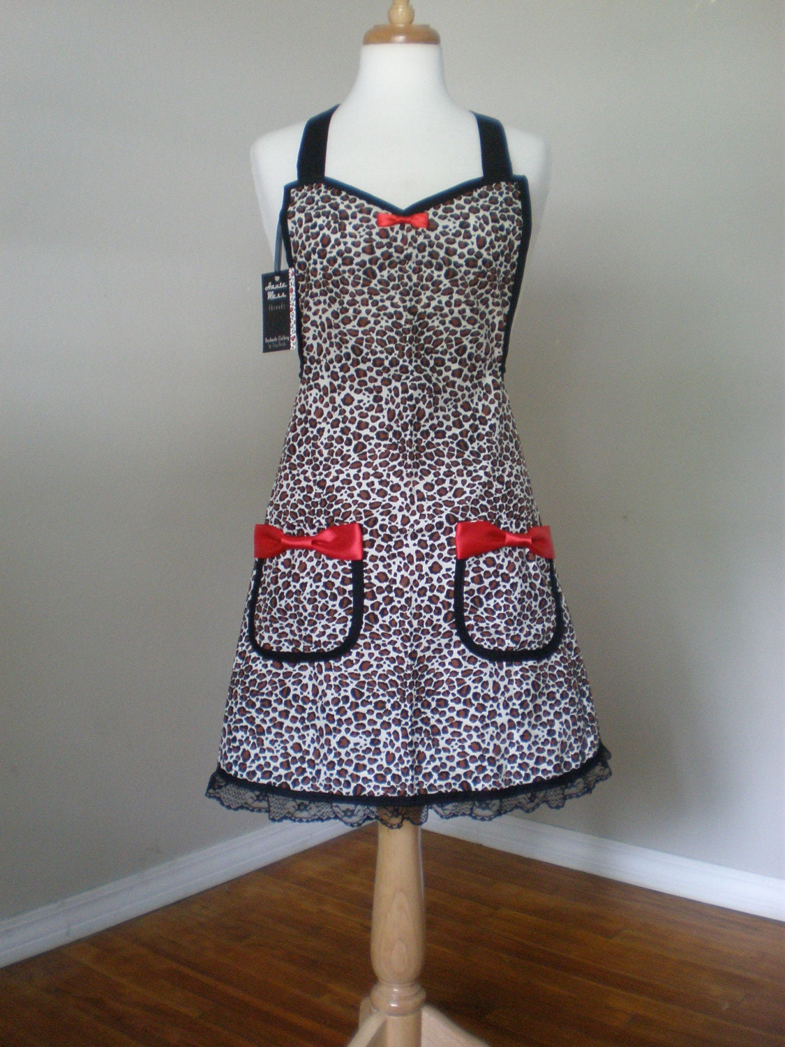 Bettie Page Leopard print apron with Lace Limited Edition