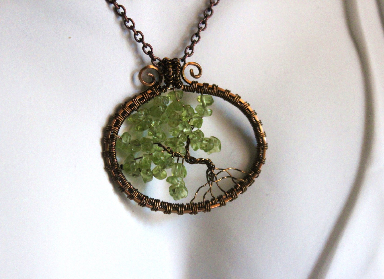Bonsai Tree of life, Peridot Gemstones, Brass Wire, 20" Chain - FawnAnselmoArtistry