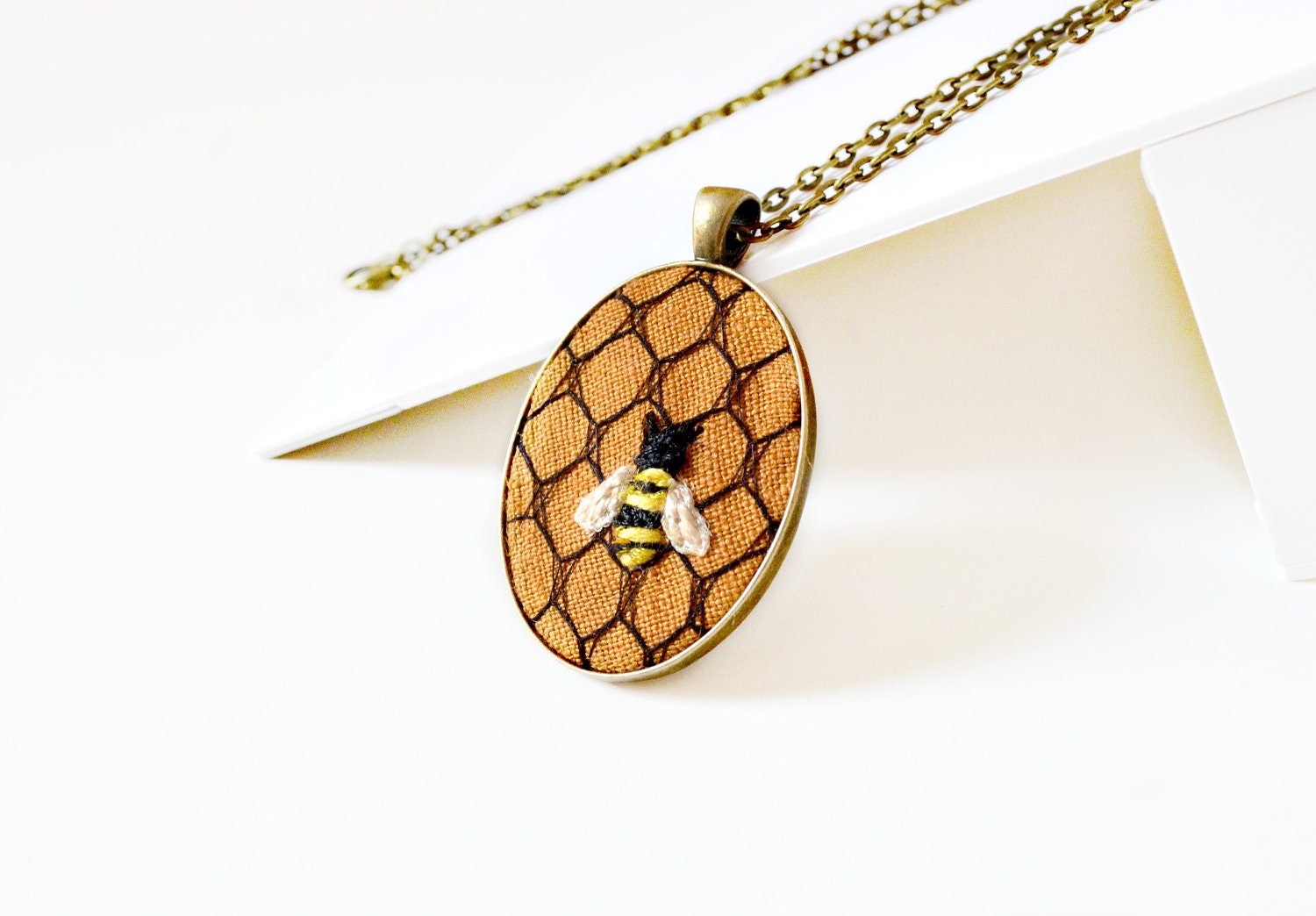 honey bee necklace, halloween jewelry, fiber necklace, autumn, fall, orange linen fabric, black, womens