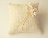 White Burlap Fabric Flower Ring Bearer Pillow