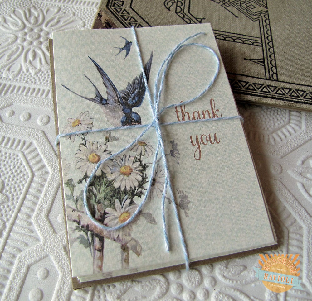 Vintage Botanical Barn Swallow and Daisies Thank You Notes set of five