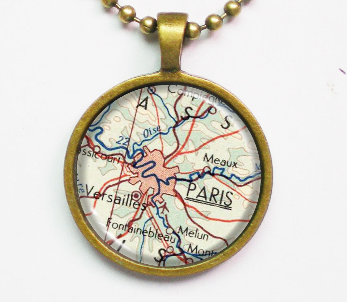 Personalized Paris Necklace -Paris Pendant Necklace -France, Europe, Vintage Map Pendant Series