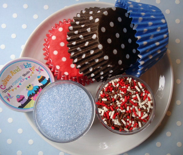 Sock Monkey Cupcake Kit - Sprinkles, Sugar and Cupcake Liners - Pale Blue, Red and Brown - SALE - SAVE 15%