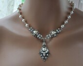 Bridal Necklace,Swarovski Crystal and Pearl Necklace,Vintage Style Necklace,Bridal Pendant Necklace,Victorian Jewelry,Antique Silver,PORCHE