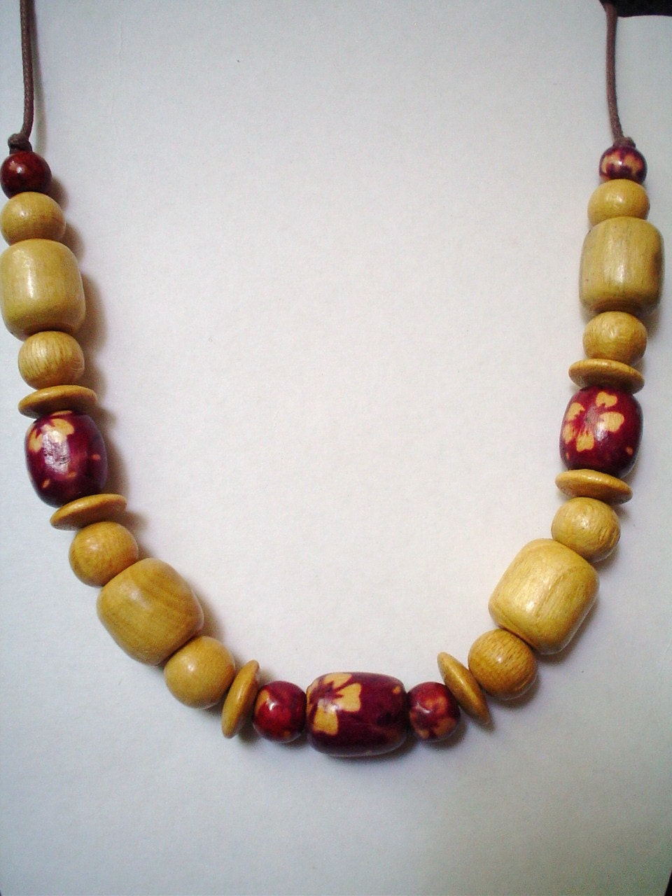 Wooden bead necklace with hibiscus flower decorated burgundy beads.Handmade.Birthday Anniversary  gift. Beach,casual.