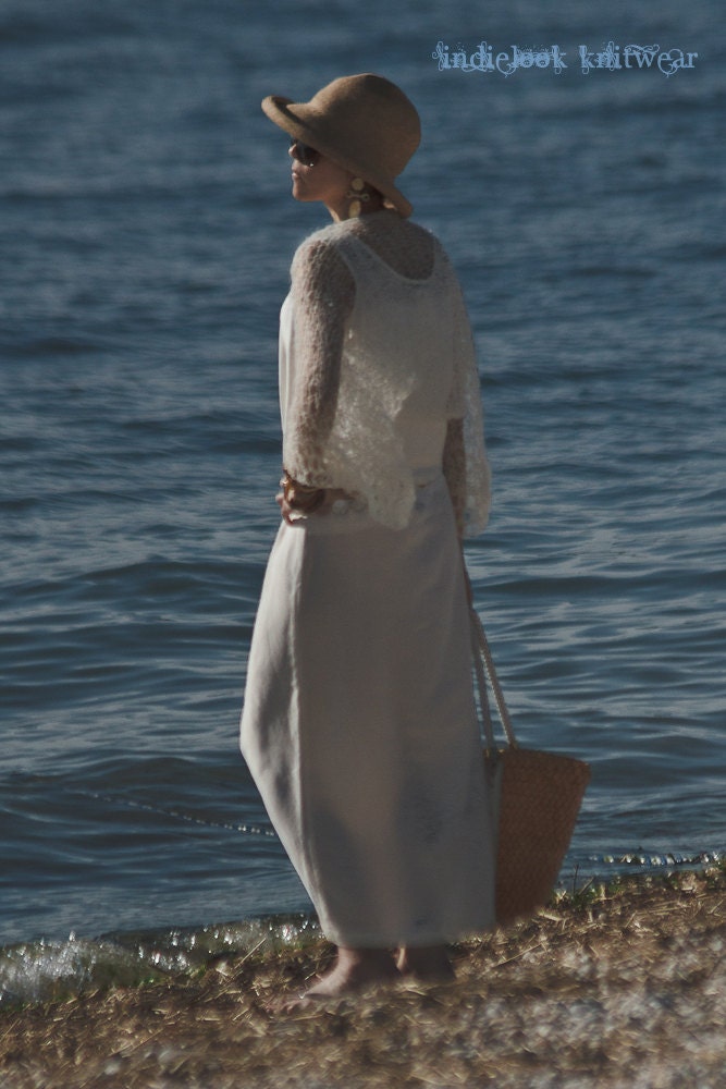 Shrug Beach Wedding Shrug Scarf Knit  with Crocheted Edging Cream Ivory