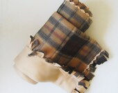 Current Sale- 25% off. Natural Earth Tones FLEECE baby blanket with frayed edges. Plaid design with brown, green, and creams.
