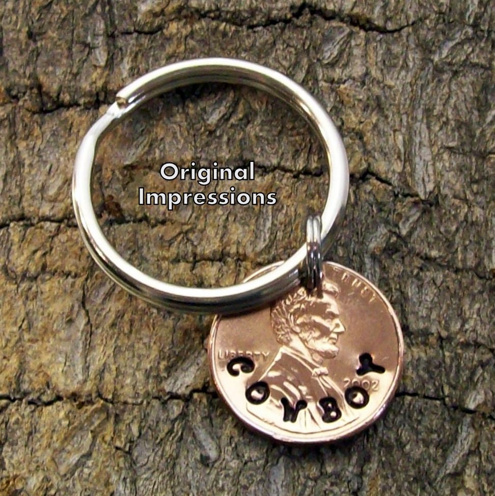 Cowboy keychain, key chain, key ring fob made of a genuine U.S. penny on a steel keyring.