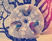 round robin. eco vintage lace doily bird throw pillow.