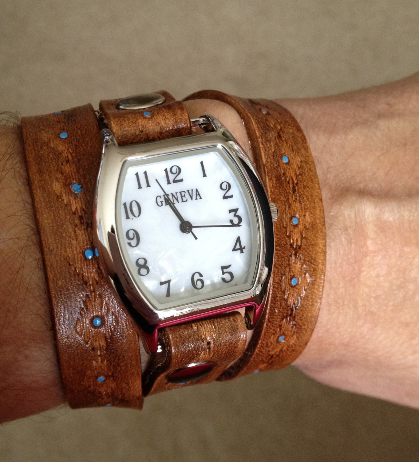 Leather Wrap Watch Cuff Bracelet - Made to Order - Cowboy Brown with Southwest Design-Leave Me Your Wrist Measurement