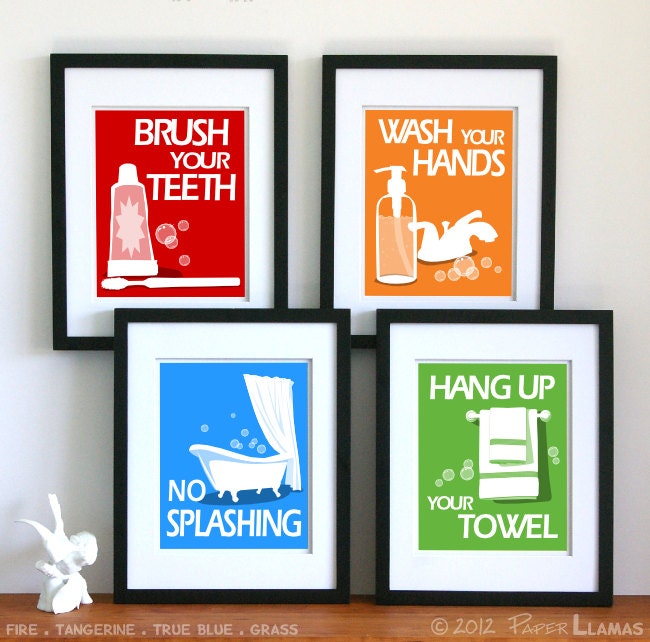 Childrens Bathroom Art Prints, Wash Your Hands, Brush Your Teeth, Wash behind your ears, set of 4 -custom colors- word art 8x10
