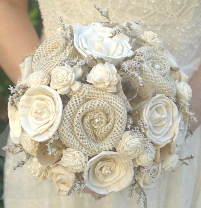 Rustic Cream Ivory Bride's Alternative Wedding Bouquet - Sola Wood, Wildflowers, Vintage Paper Flowers, Fabric  Flowers, Burlap Rosettes