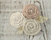 Handmade Fabric Rosette Flowers - Ivory Burlap, Cream Fabric, Champagne Organza, Gold Leaves - Wedding Corsage