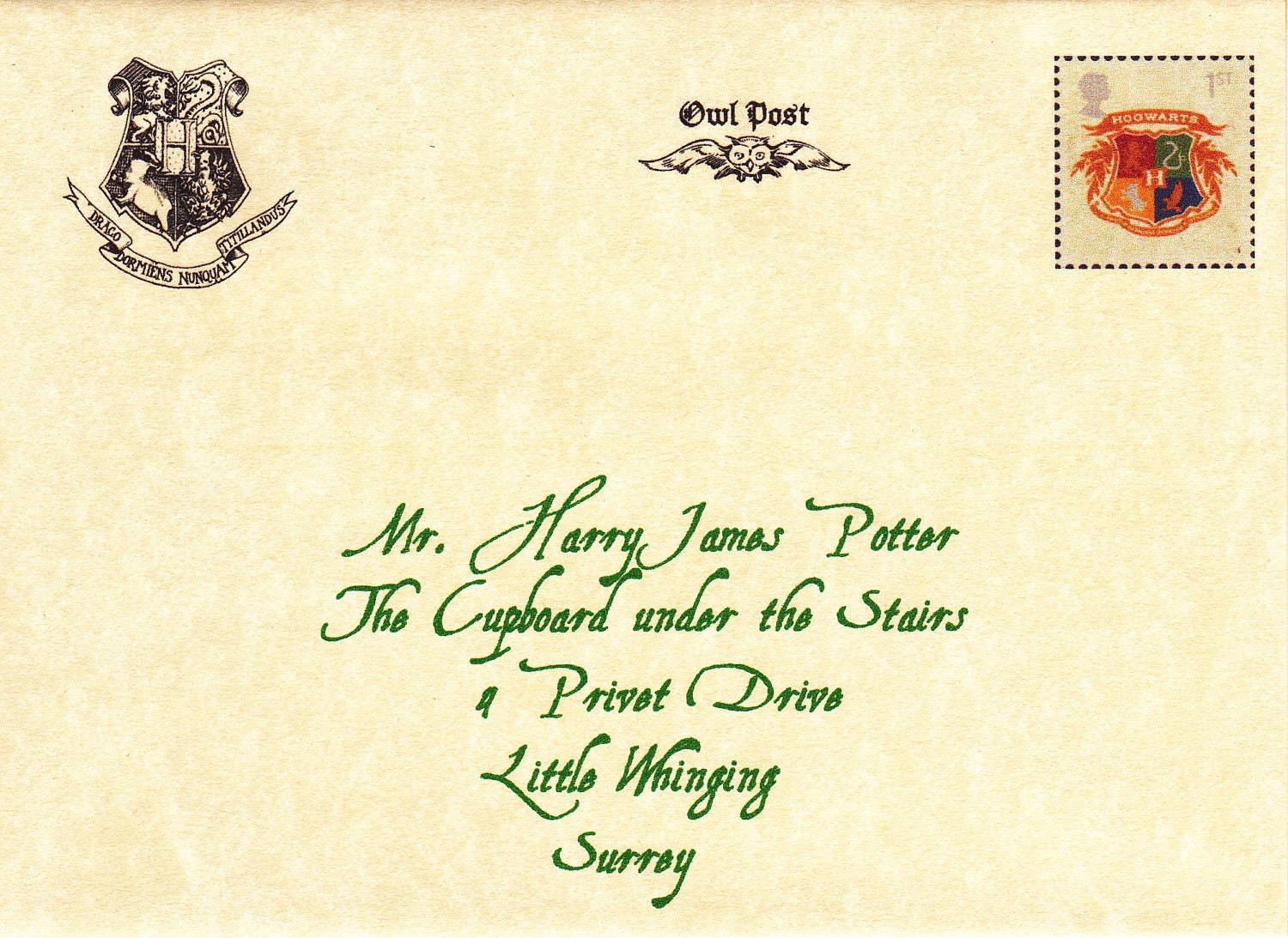Deluxe Harry Potter Acceptance letter to Hogwarts with Hanging delivery owl. Includes a Personal note from Dumbledore.