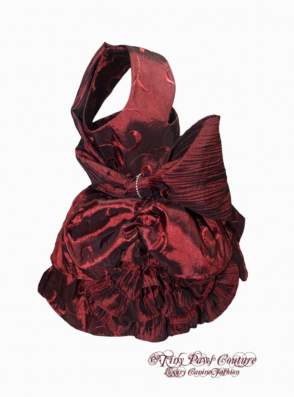 Lady Dream Couture Burgundy Embroidered Taffeta Ruched Dog Dress, Ruffled, Rhinestone Trim, Side Bow