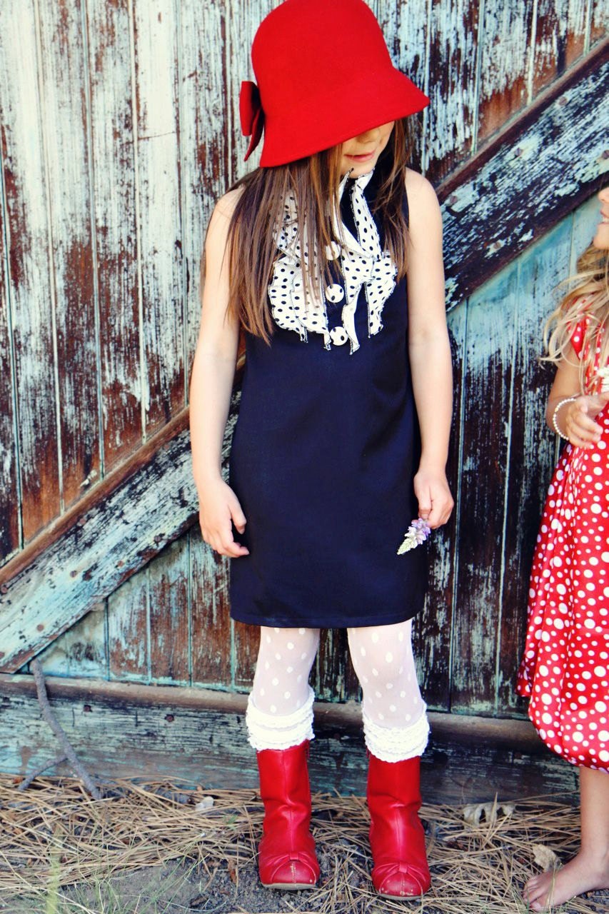 Black and White Polka Dot Ruffled Front Dress w/ Fabric Covered Buttons