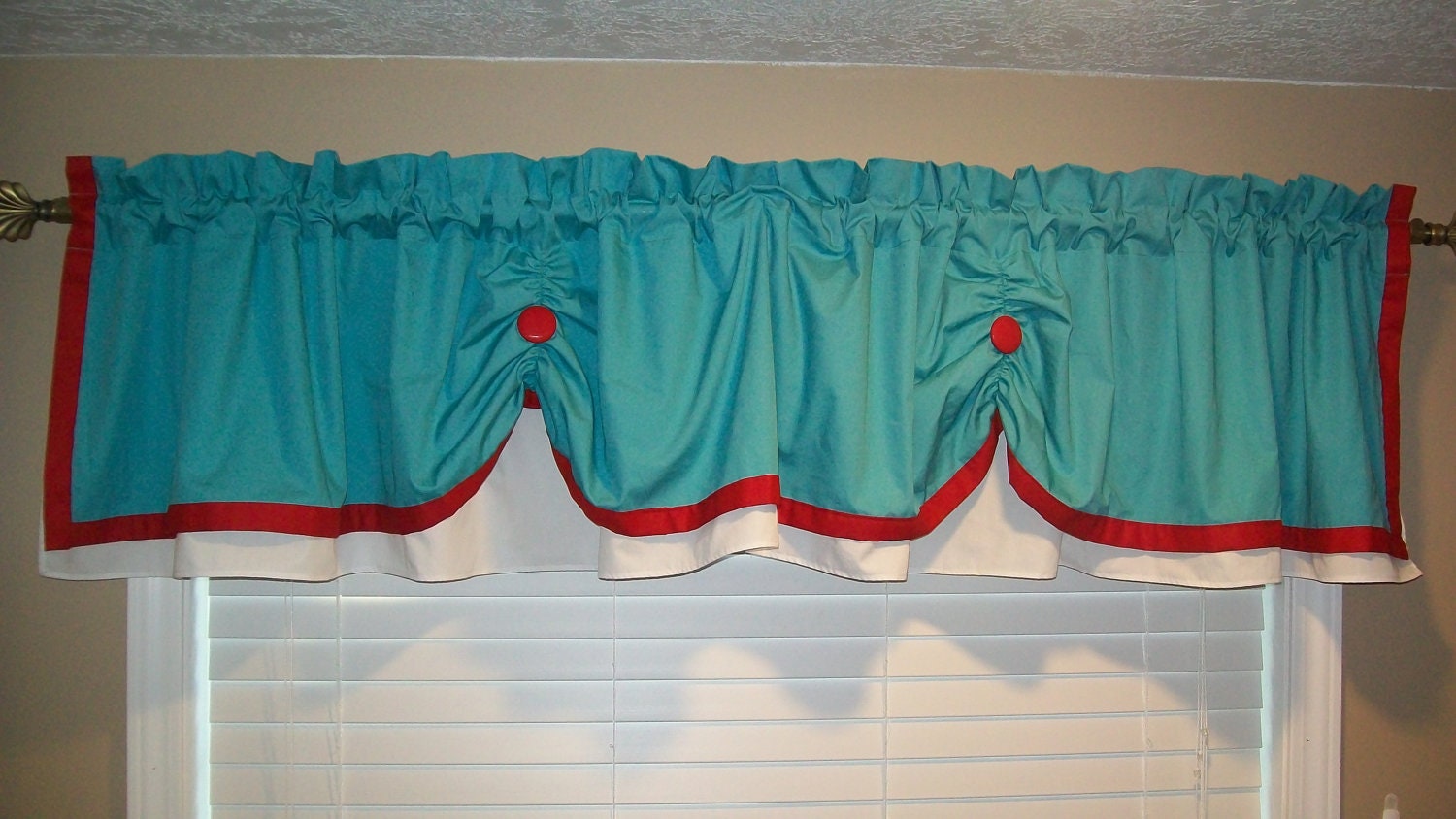 Valance Curtain Swagged Custom made Bathroom, Kitchen, Aqua, White and Red Designer Fabric