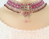 Bridal Choker,Wedding Necklace,Statement Necklace -Pink Crystals,Pearls,OOAK,Victorian,Vintage Style,Israel Jewelry -Efrat Davidsohn